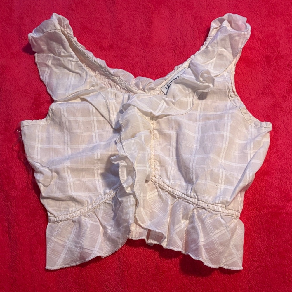 Arizona Jean Company Cream Plaid Ruffle Blouse